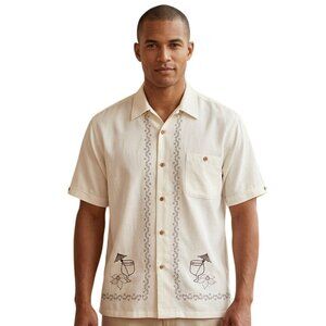Steve & Barrys Mens Shirt Size XL Cream Embroidered Hawaiian Button Up Casual